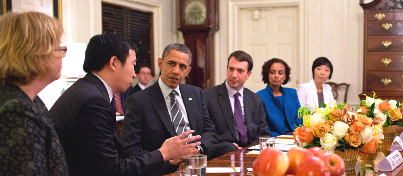 Andrew Yang, a tech entrepreneur, speaks with former President Barack Obama. Photo courtesy of Yang 2020.